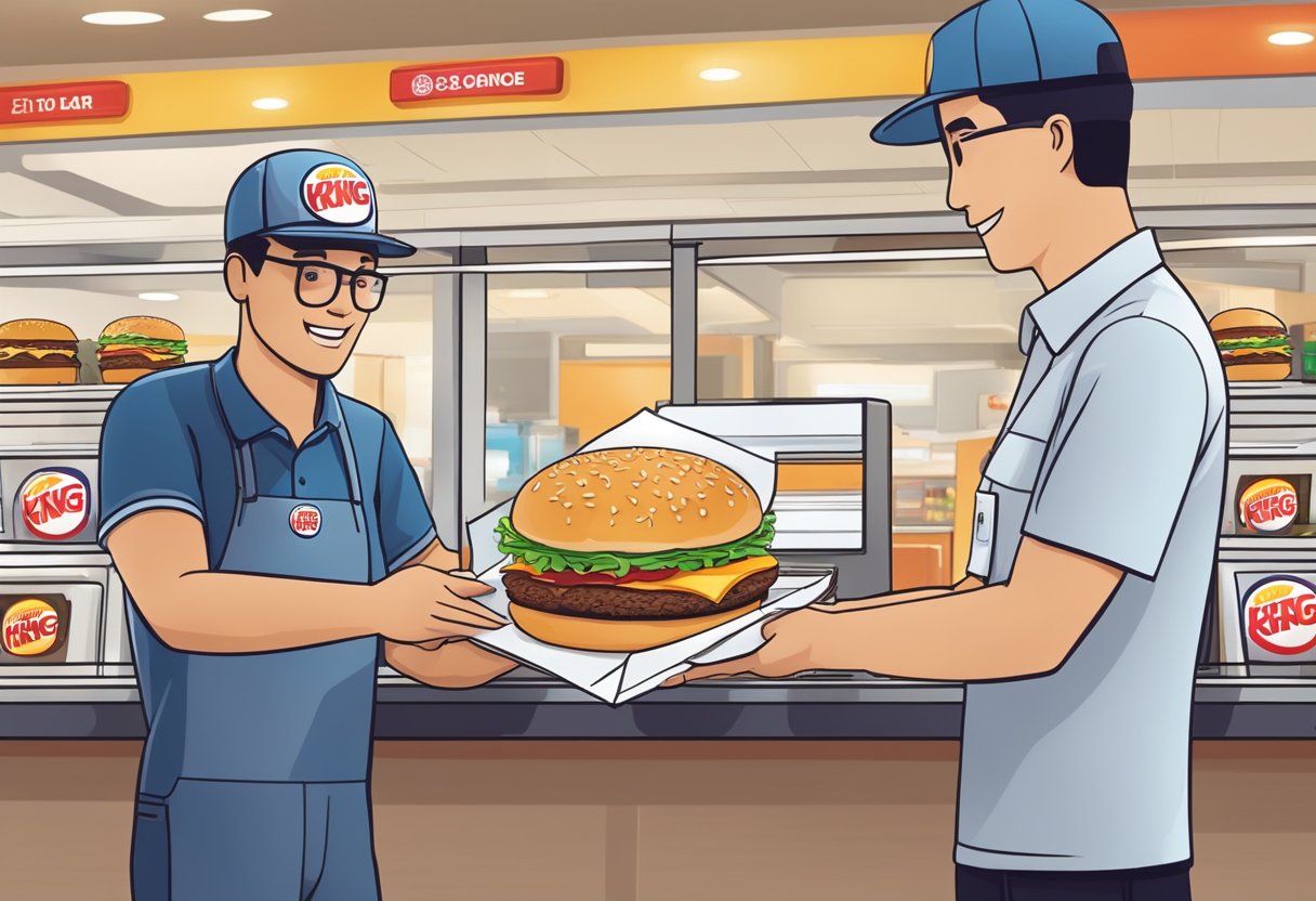 A Burger King coupon in Singapore is being handed over at the counter, with the iconic logo and enticing offer clearly visible