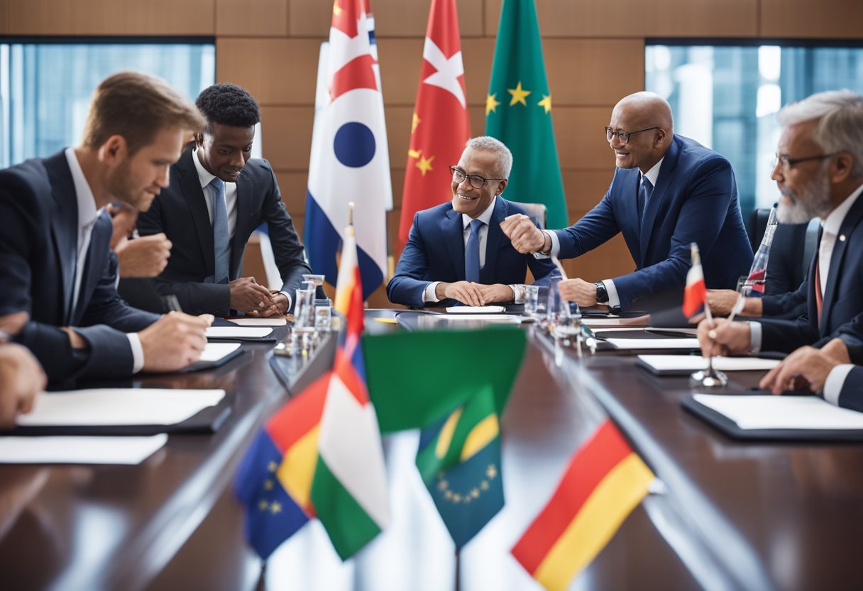 A group of diverse representatives signing the TRIPS agreement at a round table with flags of different countries in the background