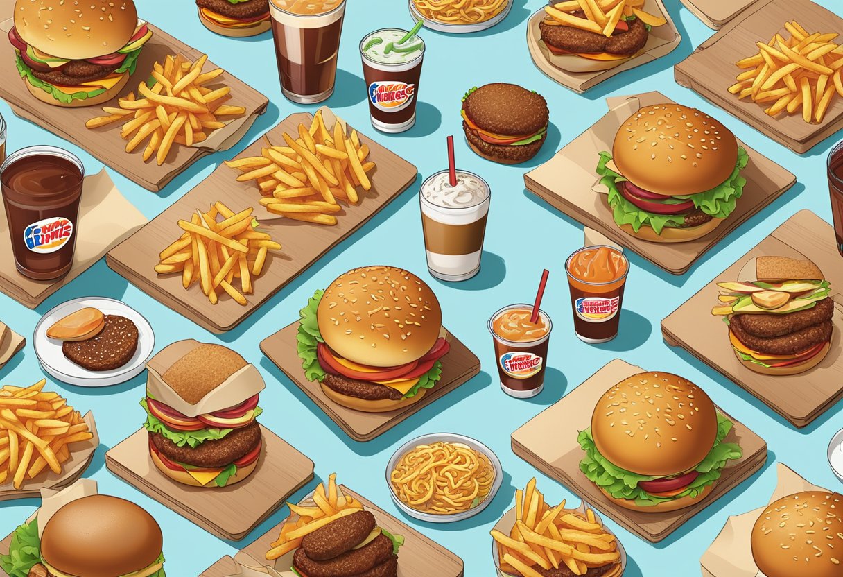 A table with a variety of Burger King Singapore menu items spread out, including burgers, fries, and drinks. The vibrant colors and appetizing presentation make the food look inviting