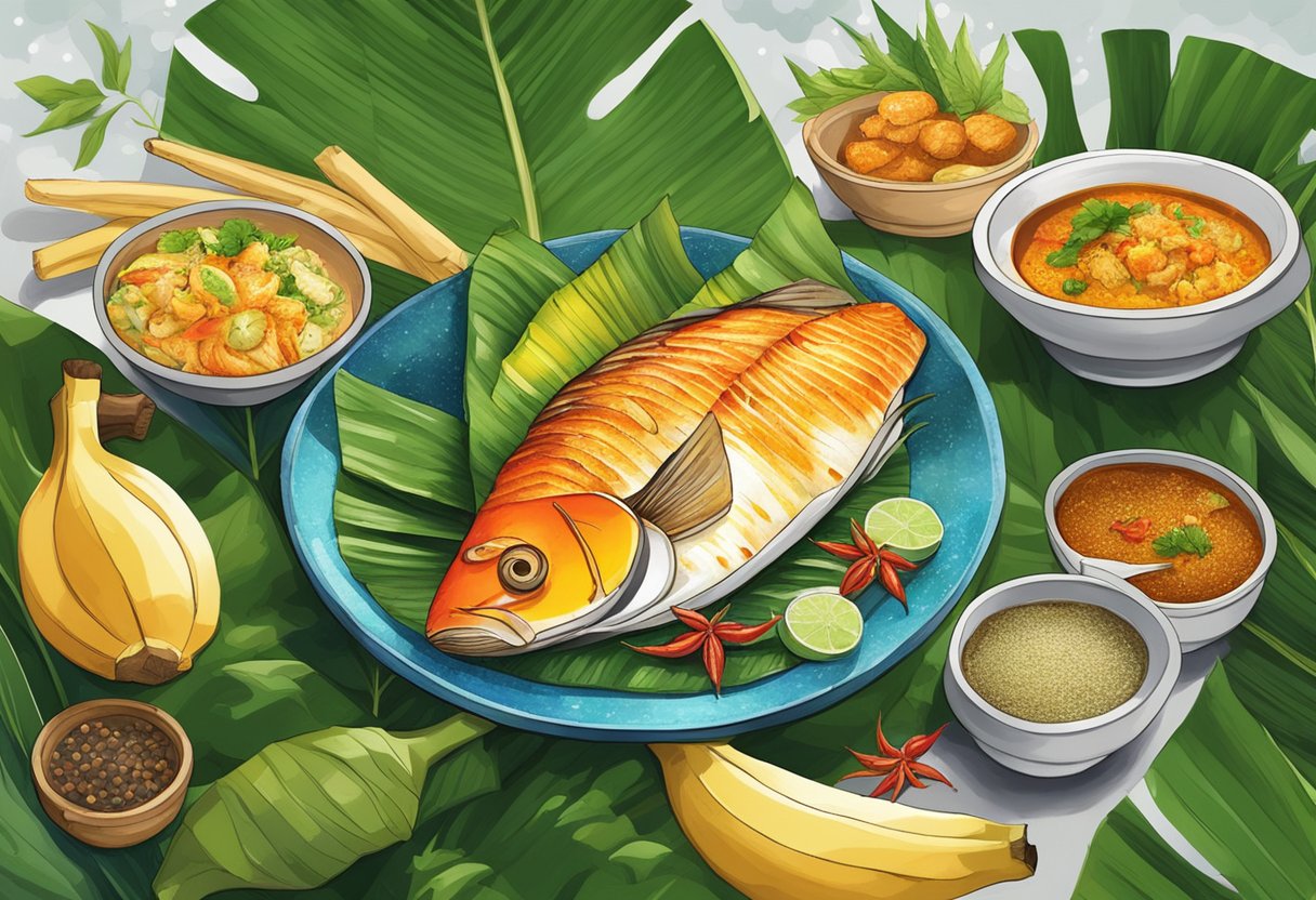 A sizzling grilled fish on a banana leaf, surrounded by vibrant spices and herbs, with a backdrop of bustling hawker stalls in Singapore