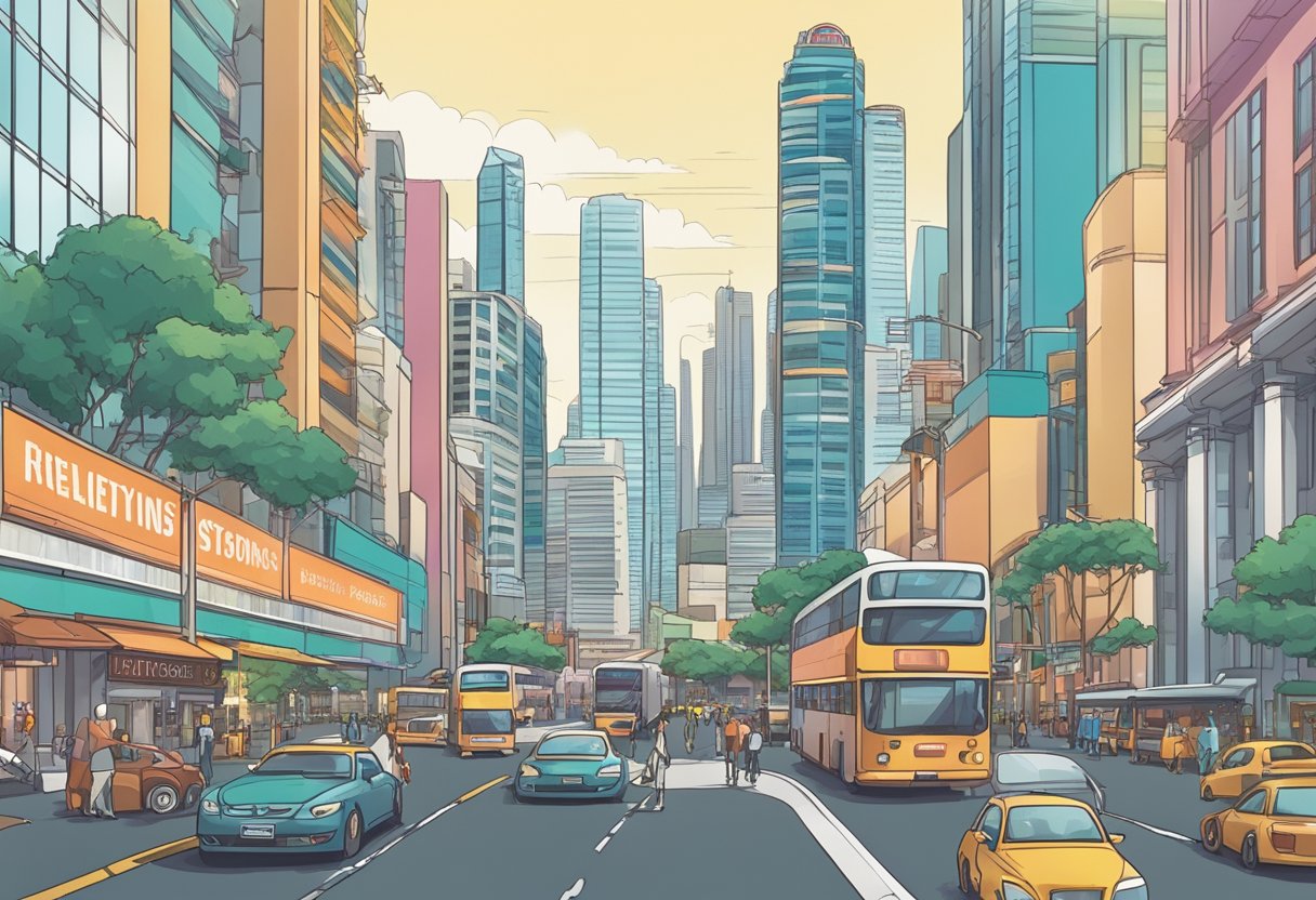 A bustling cityscape with skyscrapers and a busy street below, featuring a prominent sign reading "Frequently Asked Questions Metropolis Singapore"