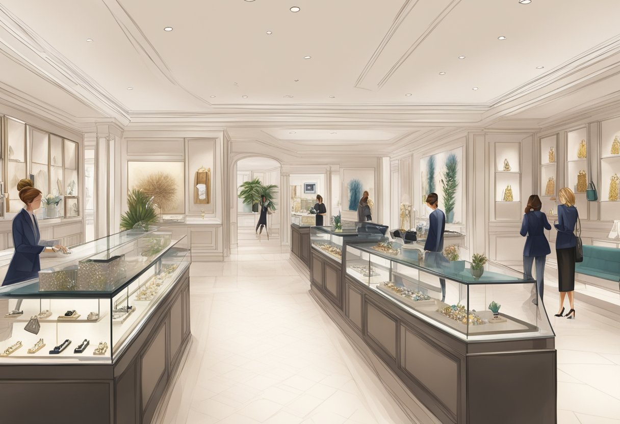 Customers browsing Monica Vinader's elegant jewelry displays, surrounded by luxurious interior decor and attentive staff. The store exudes a sophisticated and inviting atmosphere