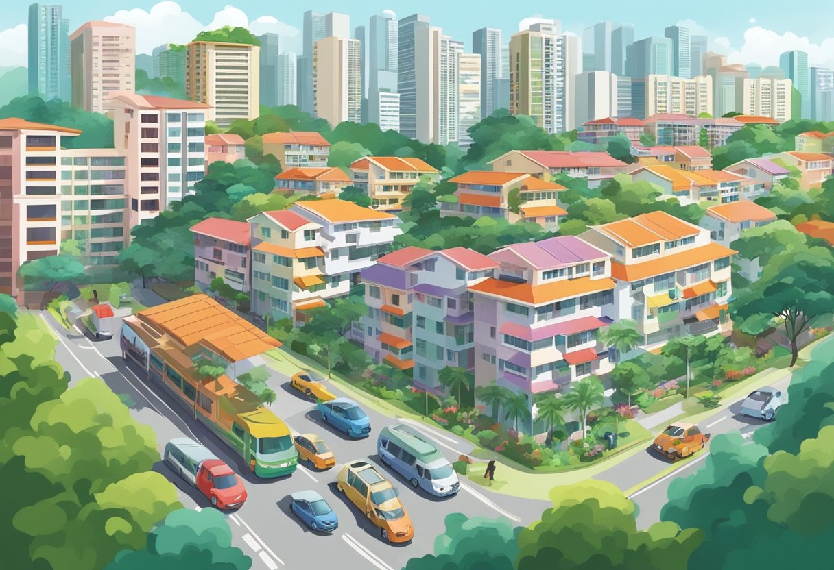 A bustling Singapore HDB estate with colorful high-rise buildings, lush greenery, and bustling activity in the form of people and vehicles