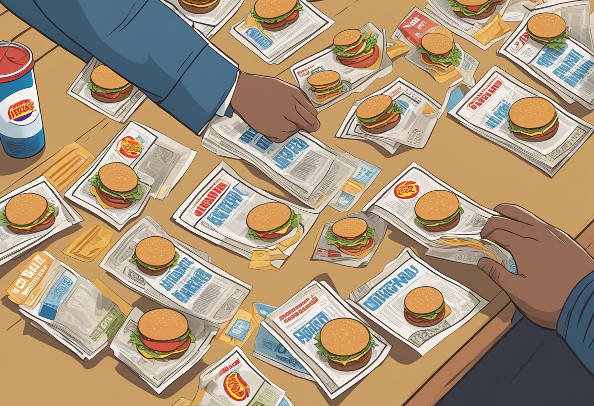 A table with various Burger King coupons spread out, with a person's hand reaching for one