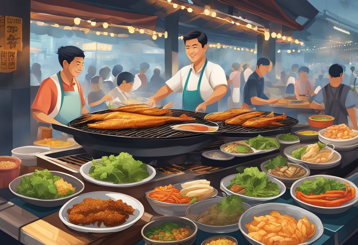 A sizzling fish fillet on a smoky grill with vibrant spices and herbs, surrounded by bustling hawker stalls in Singapore