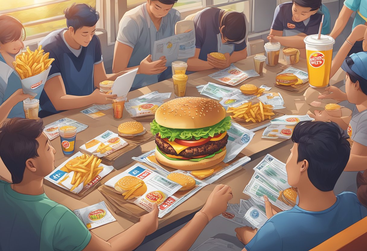 A table with a burger, fries, and a drink, surrounded by people holding Burger King coupons in Singapore