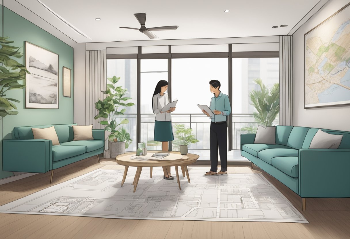 A couple examines floor plans in a Singapore HDB showroom