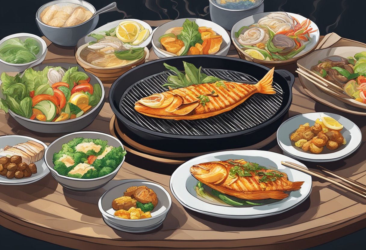 A sizzling fillet of grilled fish sizzles on a hot plate, surrounded by vibrant side dishes and a bustling dining atmosphere in the heart of Singapore
