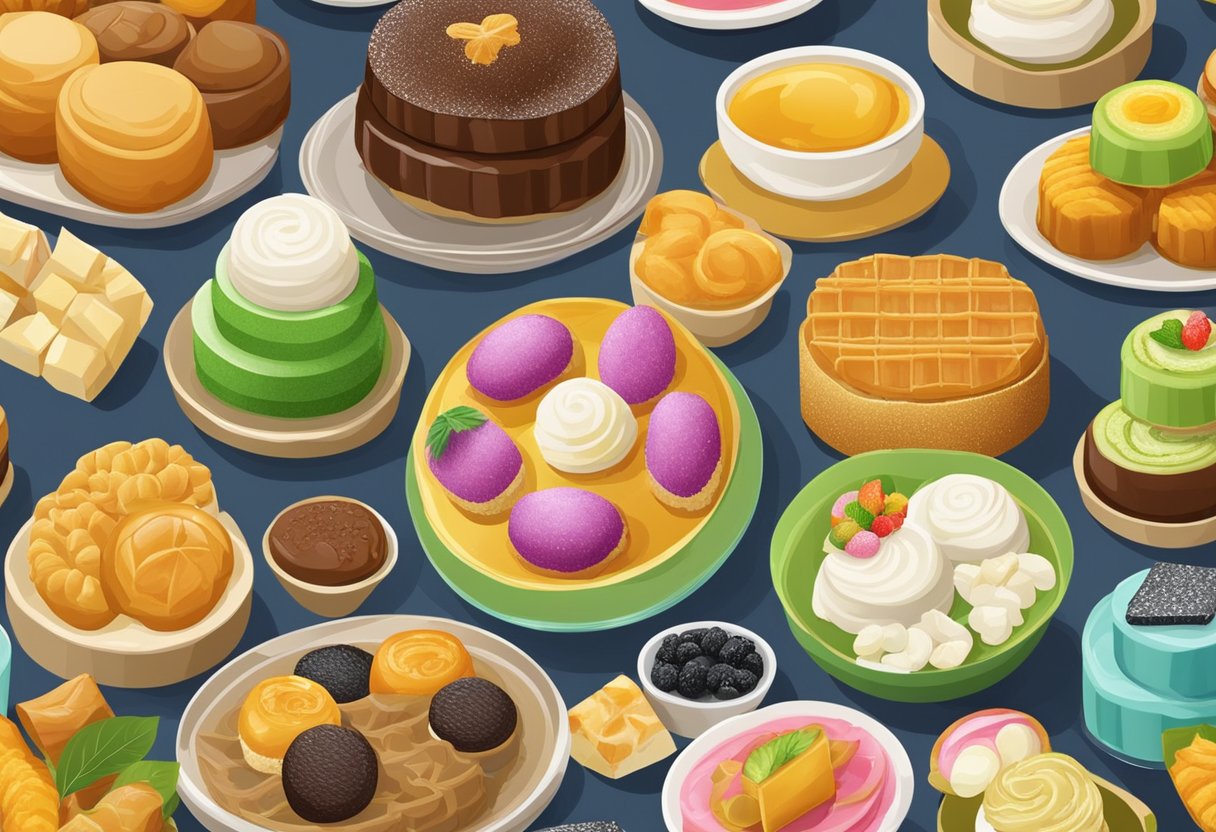 A variety of halal desserts from Singapore displayed on a table, including colorful kueh, sticky rice desserts, and sweet pastries