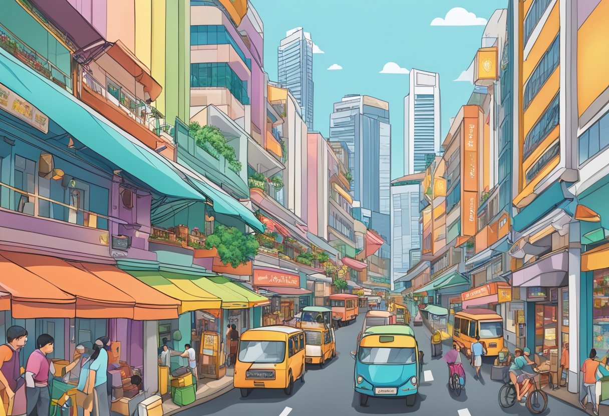 A bustling street in Singapore, with colorful shop fronts, bustling markets, and iconic landmarks like the Marina Bay Sands