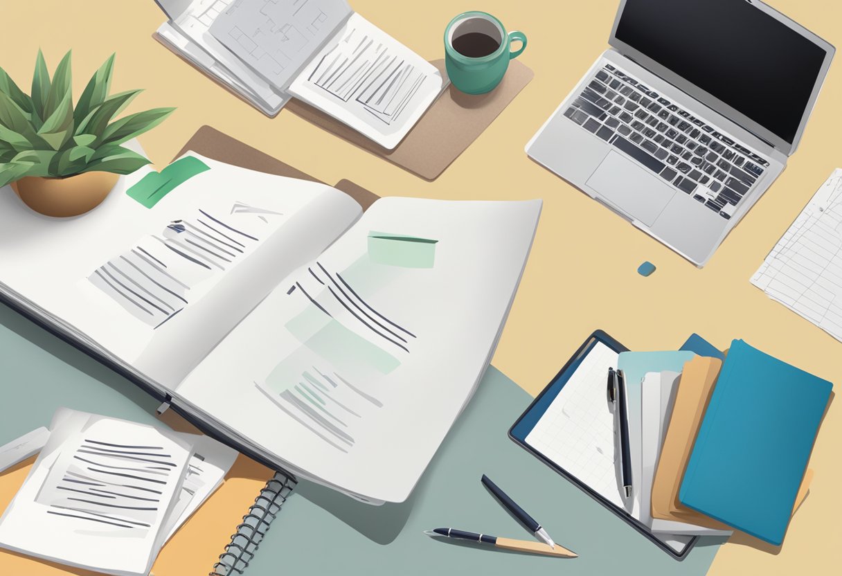 A table with a laptop, a stack of papers, and a pen. A sign with "Frequently Asked Questions" and the Monica Vinader logo in the background
