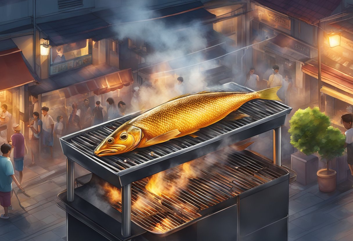 A sizzling grilled fish on a hot grill, surrounded by aromatic smoke and sizzling sounds, with a backdrop of a bustling Singapore street