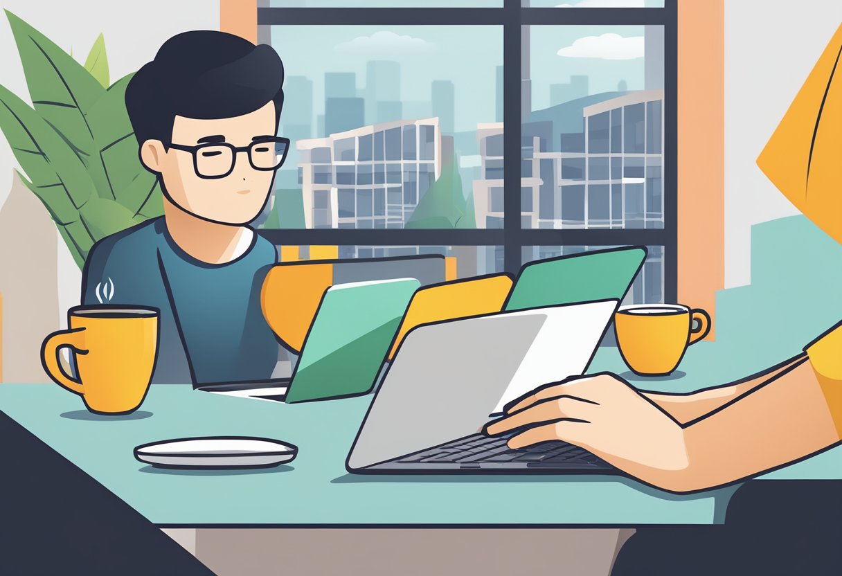 A person using a laptop to browse PropertyGuru's website for HDB listings, with a cup of coffee on the side