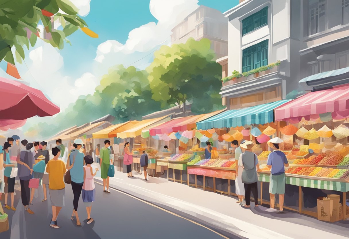 A bustling street in Singapore, with colorful dessert stalls lining the sidewalks. People are seen sampling various sweet treats, while the aroma of exotic spices fills the air