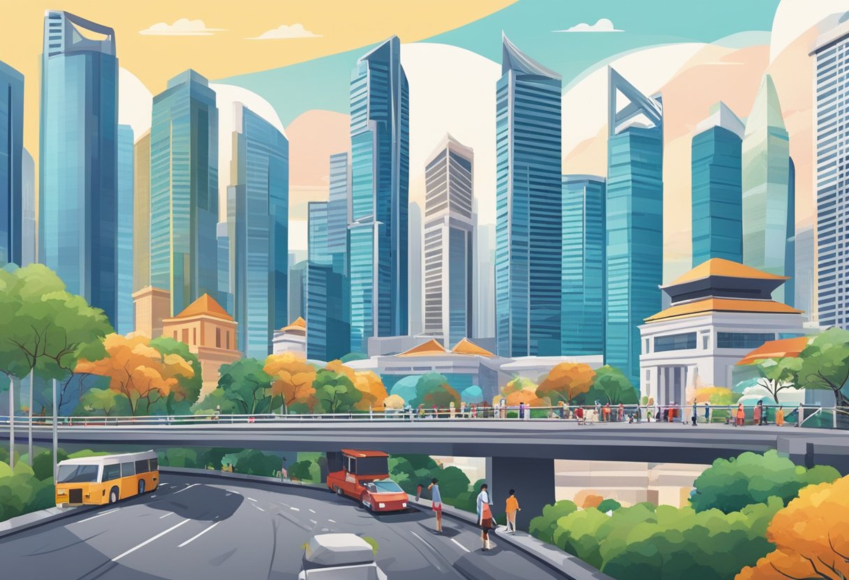 A bustling cityscape with modern skyscrapers and vibrant street life, showcasing the iconic skyline of Singapore