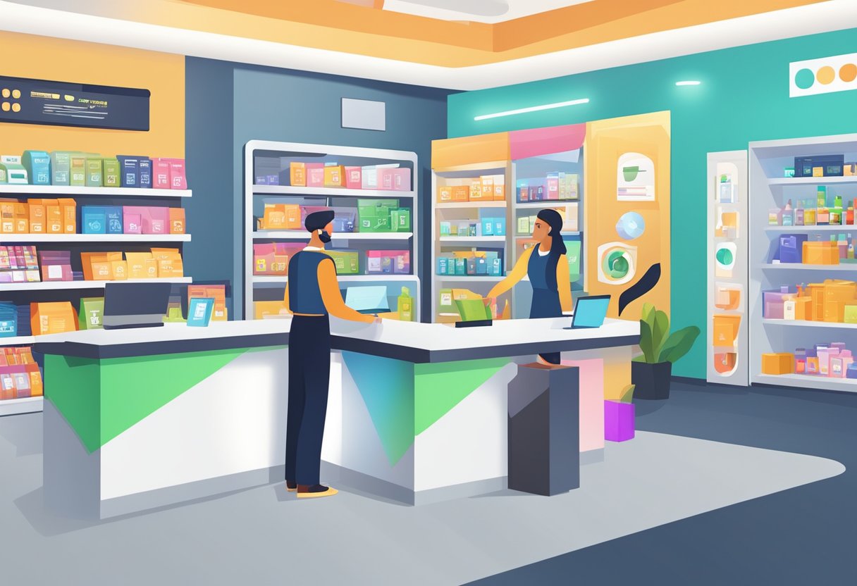 A customer care representative assists a customer in a modern store, surrounded by informational signage