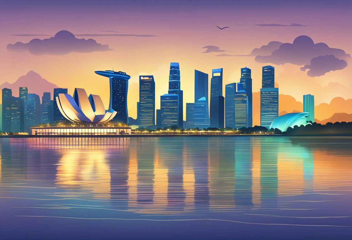 The iconic skyline of Singapore, with its towering skyscrapers and the famous Marina Bay Sands, glimmering under the evening lights