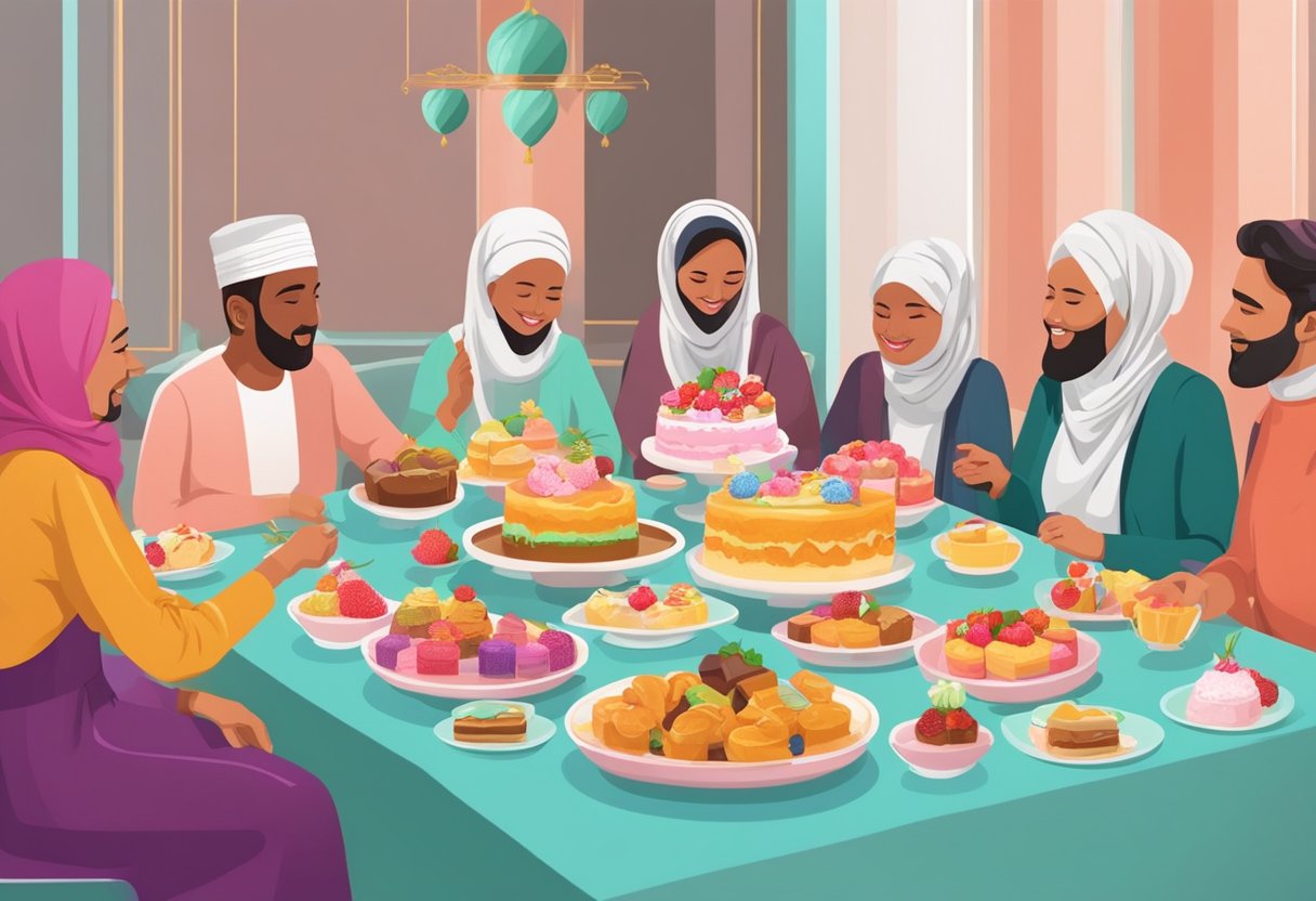 People enjoying halal desserts at a festive table with colorful treats and decorations