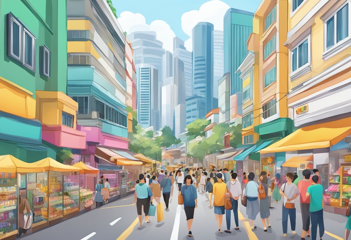 A bustling street in Singapore with colorful shop fronts and bustling crowds