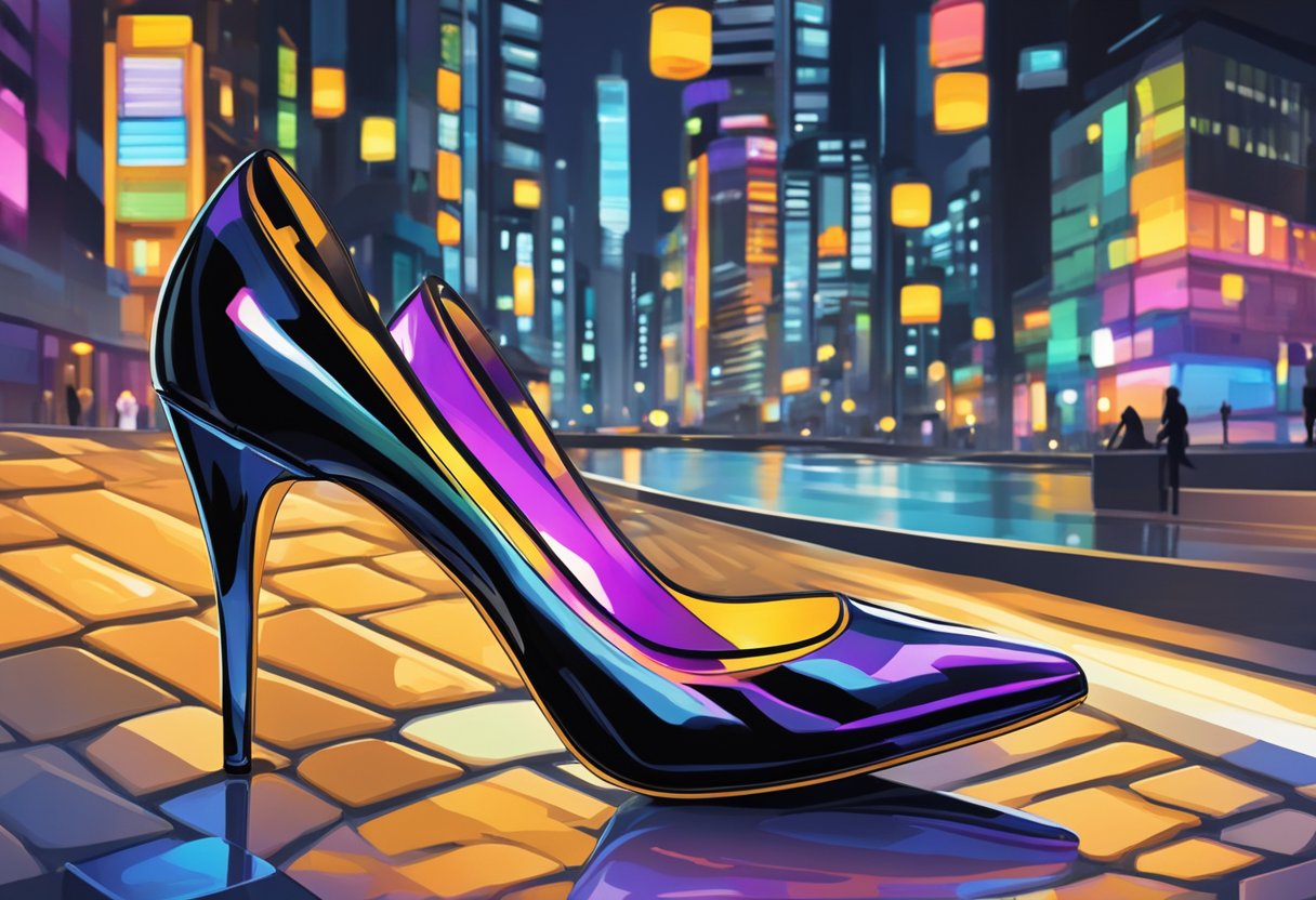 A pair of sleek, black stiletto heels stands on a cobblestone street in Singapore, surrounded by vibrant city lights and bustling nightlife