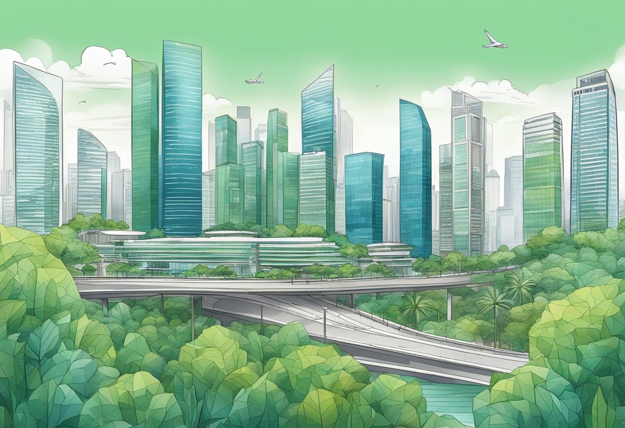 A bustling city skyline with prominent ESG initiatives, such as green buildings and sustainable transportation, in Singapore