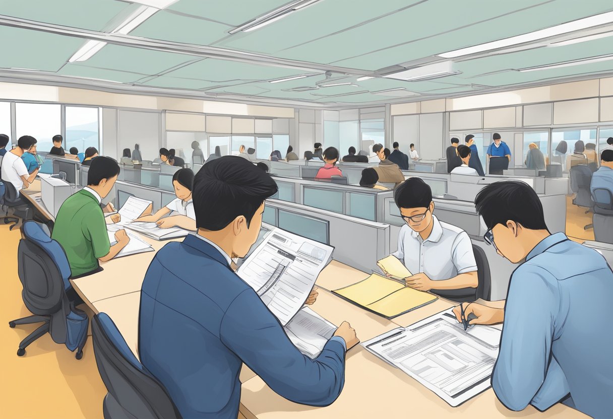 An S Pass holder fills out paperwork at a Singaporean immigration office