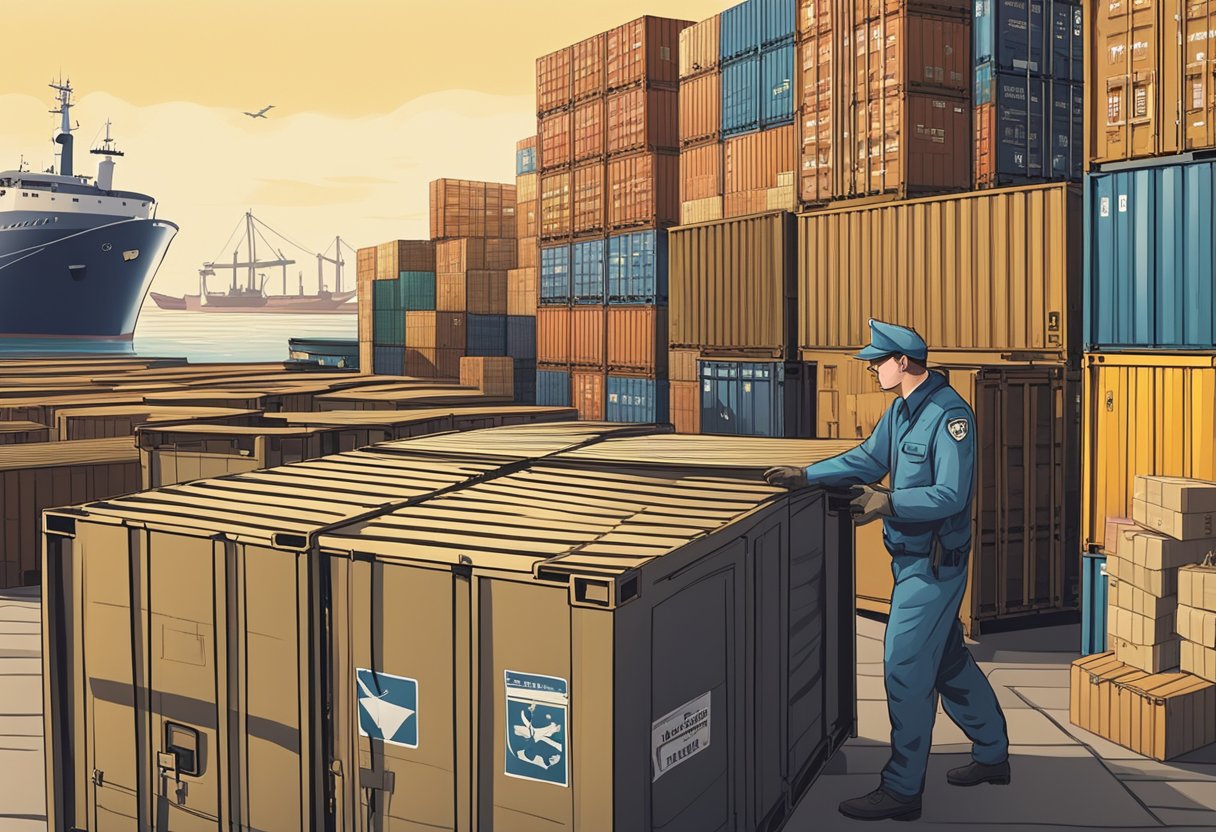 A customs officer inspects crates labeled "export regulations" at a busy port