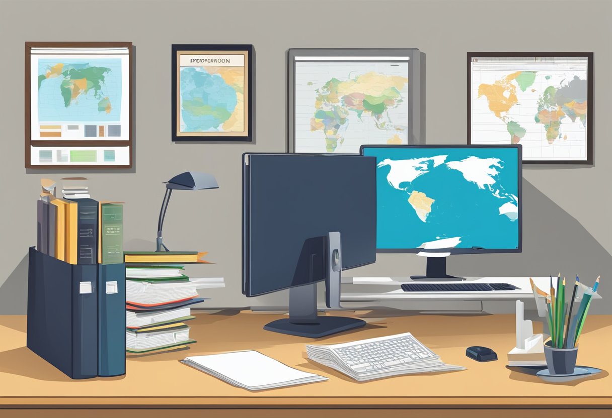 An office desk with a computer, documents, and a world map on the wall. A stack of books on export regulations
