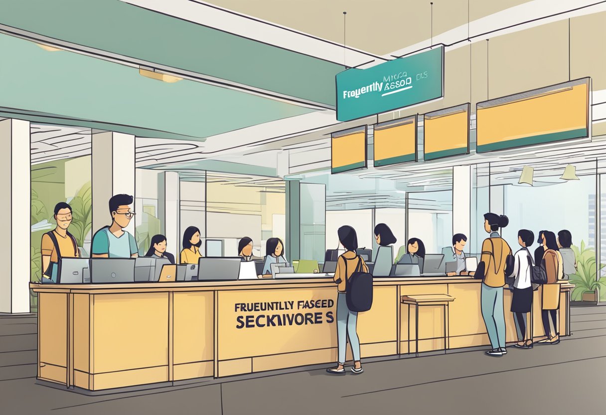 A customer service desk with a sign reading "Frequently Asked Questions myica singapore" and a line of people waiting for assistance