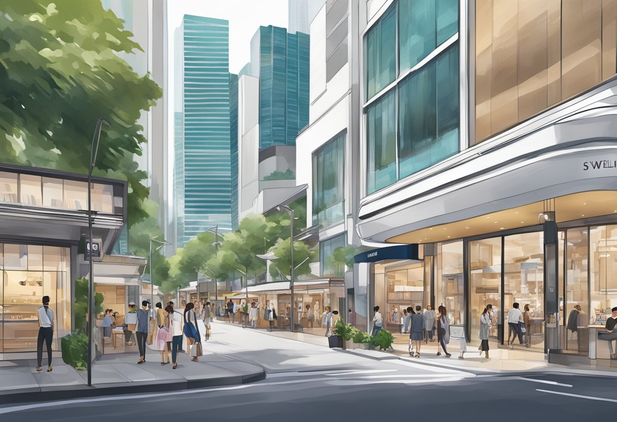 A bustling cityscape of modern buildings and vibrant street life in Singapore, with a prominent Daniel Wellington storefront