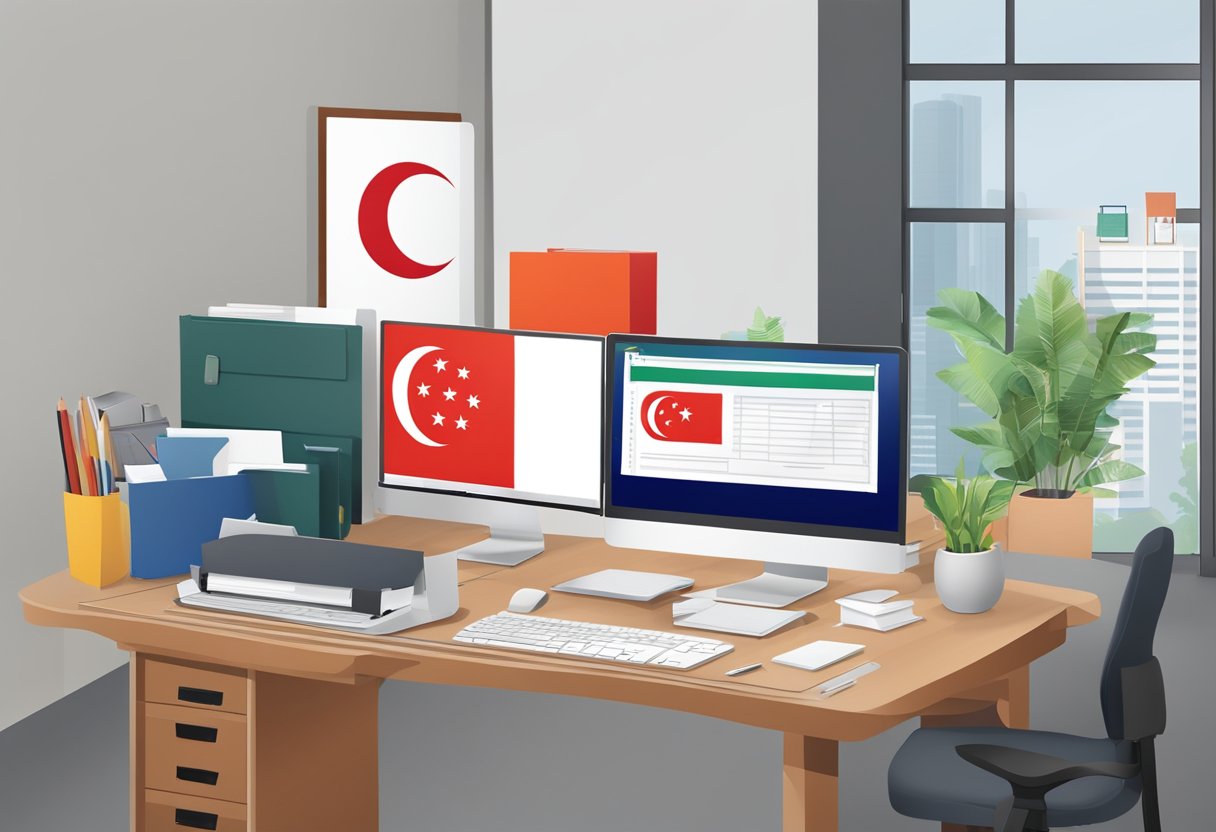 An office desk with a computer, documents, and a Singapore flag