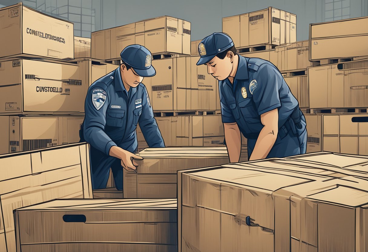 A customs officer inspects a crate labeled "Controlled Goods and Technologies" before approving its export