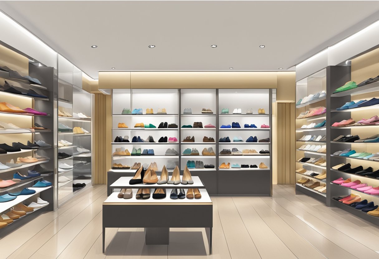 A display of various heel styles in a Singapore shoe store, showcasing different materials, heights, and designs