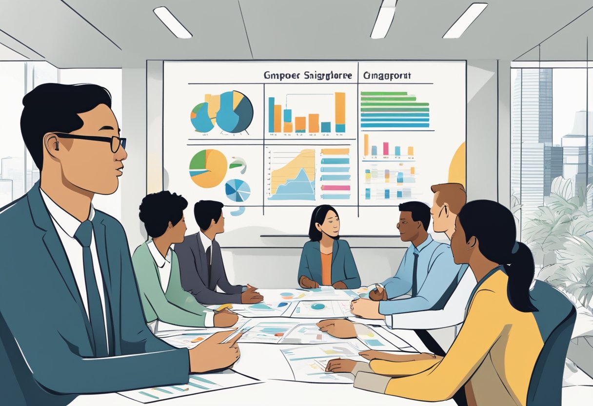 A diverse group of people gather in a meeting room, discussing and planning for various non-profit organizations in Singapore. Charts and graphs are displayed on the walls, illustrating their impact and progress