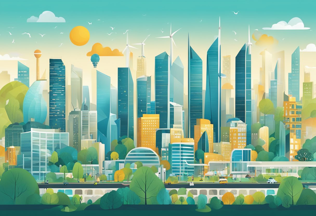 A bustling city skyline with modern architecture and sustainable energy solutions. ESG logos and innovation hubs are prominent in the landscape