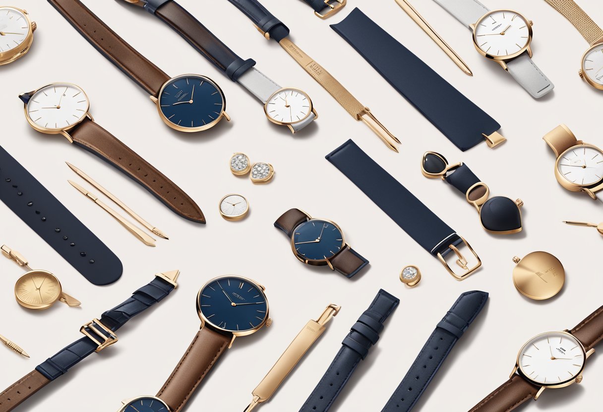 A close-up of a sleek Daniel Wellington watch surrounded by elegant accessories and a minimalist backdrop, capturing the essence of the Timeless Collection