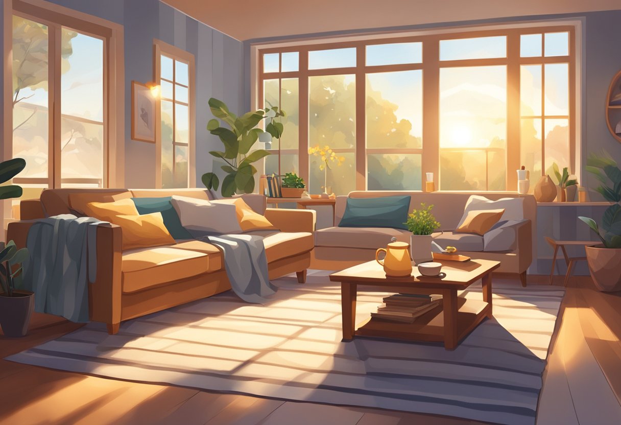 A cozy living room with a comfortable couch, soft blankets, and a warm cup of tea on the table. Sunlight streams in through the window, casting a peaceful glow over the space