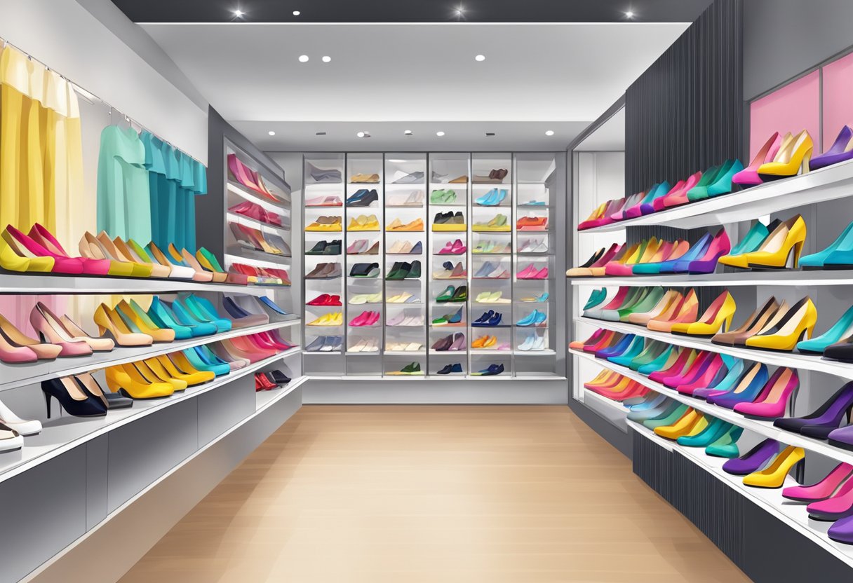 A display of colorful heels in a trendy Singapore shoe store