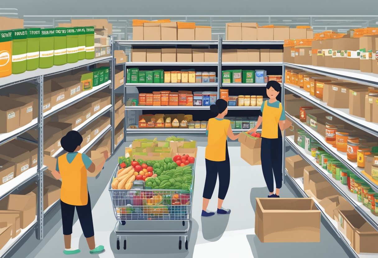 A bustling food bank in Singapore, with shelves stocked full of canned goods, rice, and fresh produce. Volunteers and staff work together to organize and distribute food to those in need