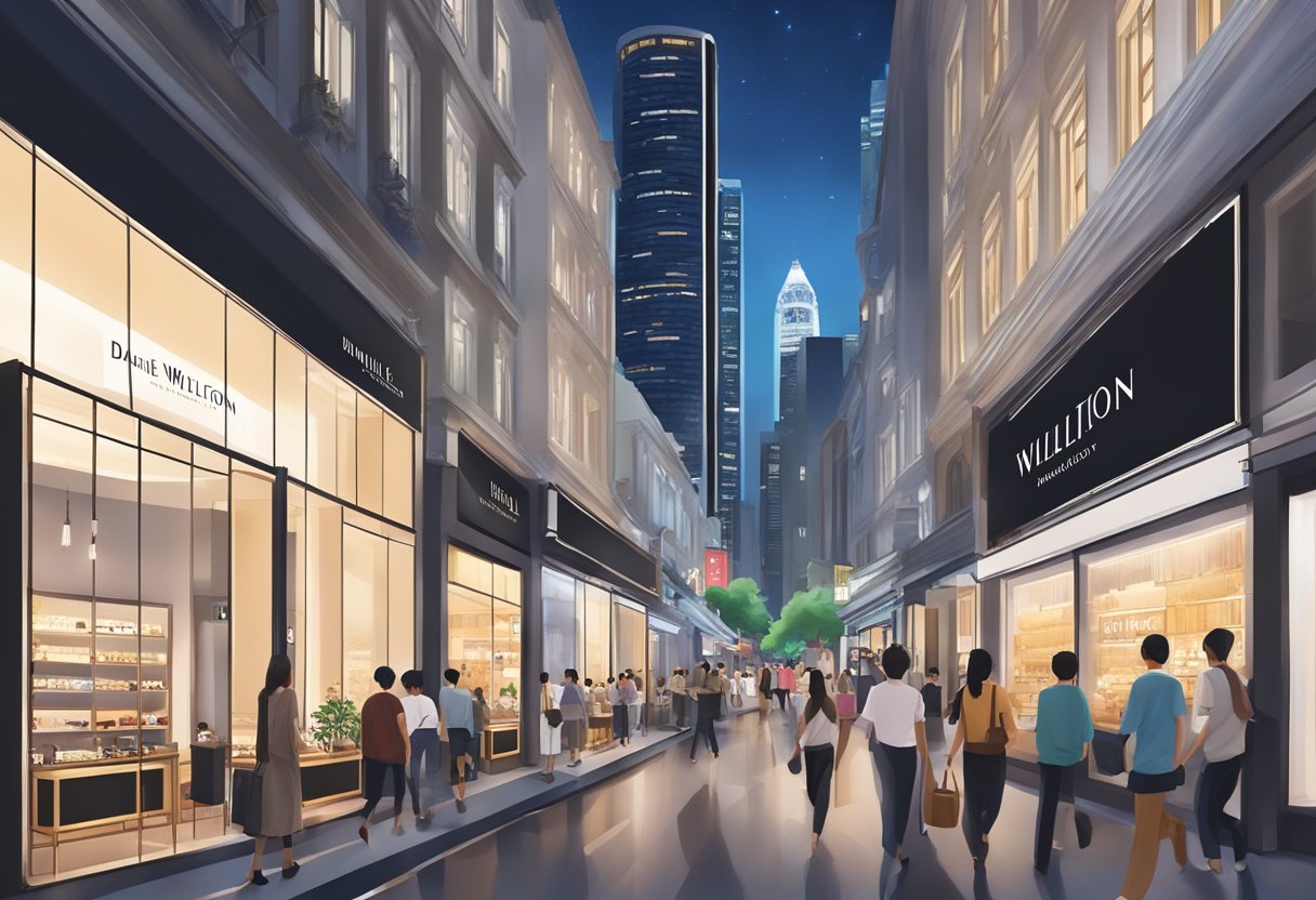 A bustling Singapore street with a sleek Daniel Wellington store front, surrounded by vibrant city lights and bustling foot traffic