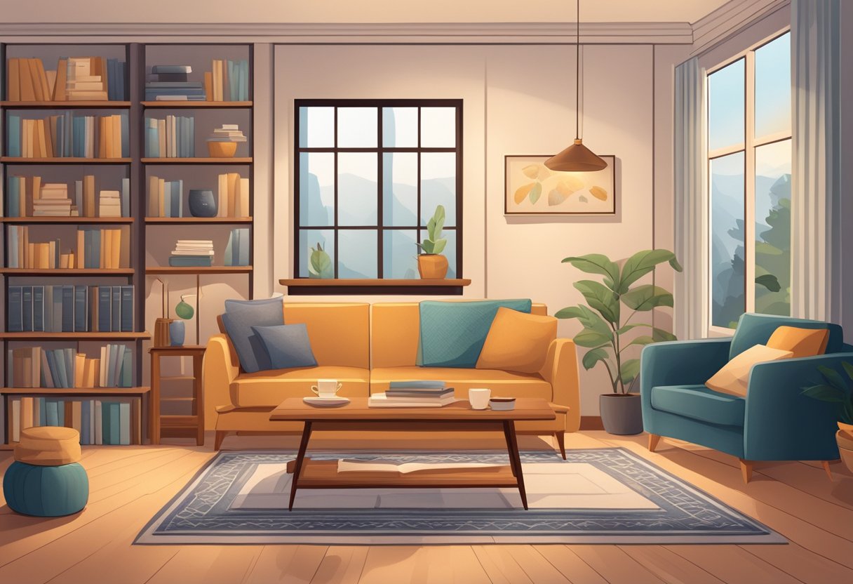 A cozy living room with a comfortable sofa, soft blankets, and warm lighting. A bookshelf filled with comforting reads and a cup of hot tea on the coffee table