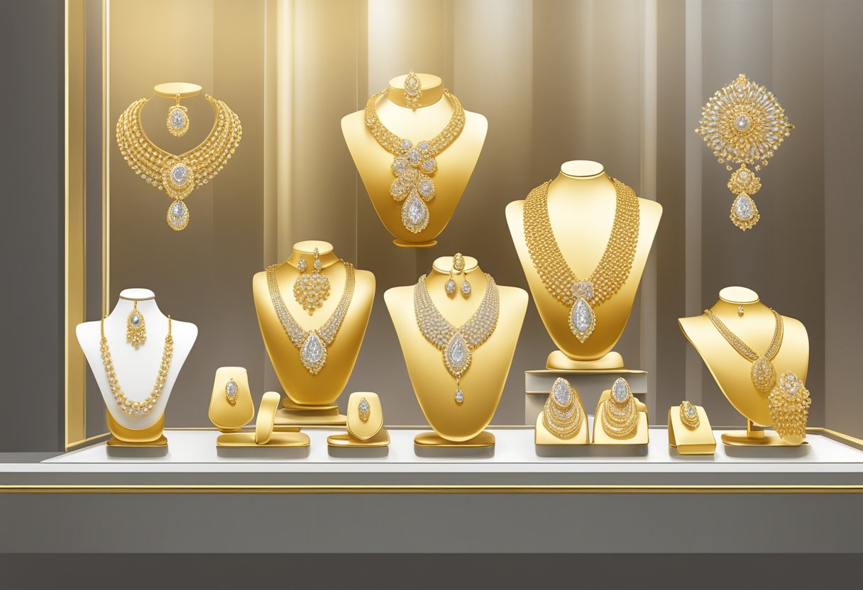 A display of gleaming gold jewelry in a Singaporean shop window