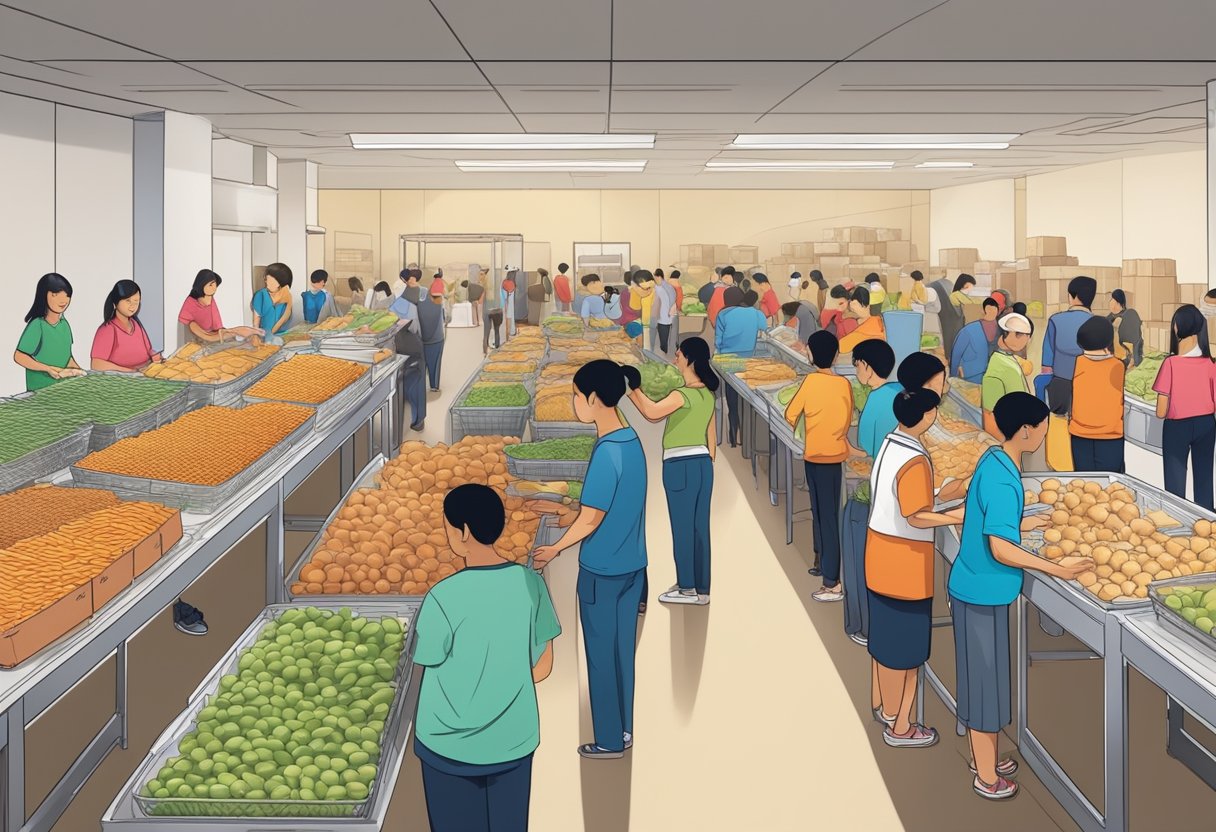 A bustling food bank in Singapore, with volunteers sorting and organizing donated food items on shelves, while families line up to receive assistance