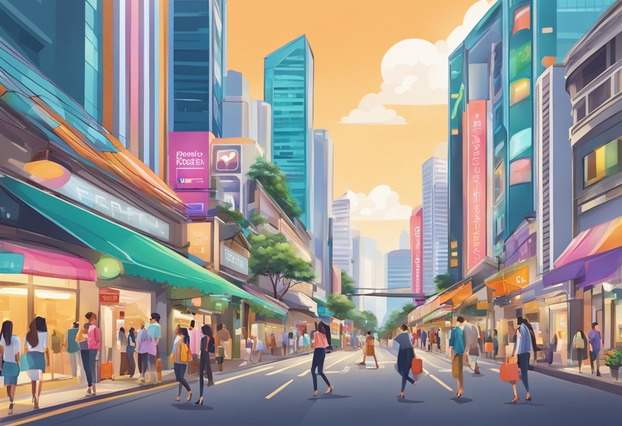 A vibrant cityscape with a prominent "Frequently Asked Questions" sign above a bustling street in Singapore, with high heels displayed in storefronts