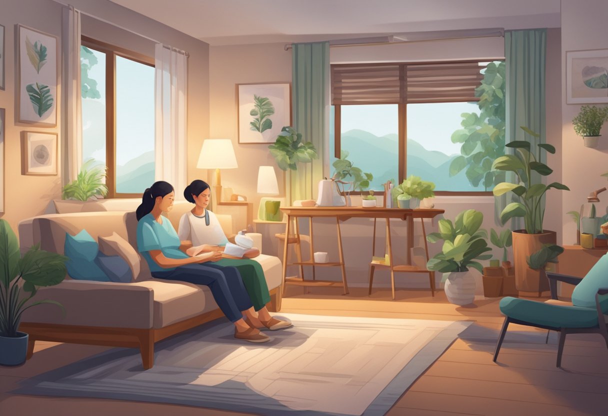 A cozy home setting with a person receiving support and resources for recovery in Singapore. Comfortable surroundings with medical equipment and care items