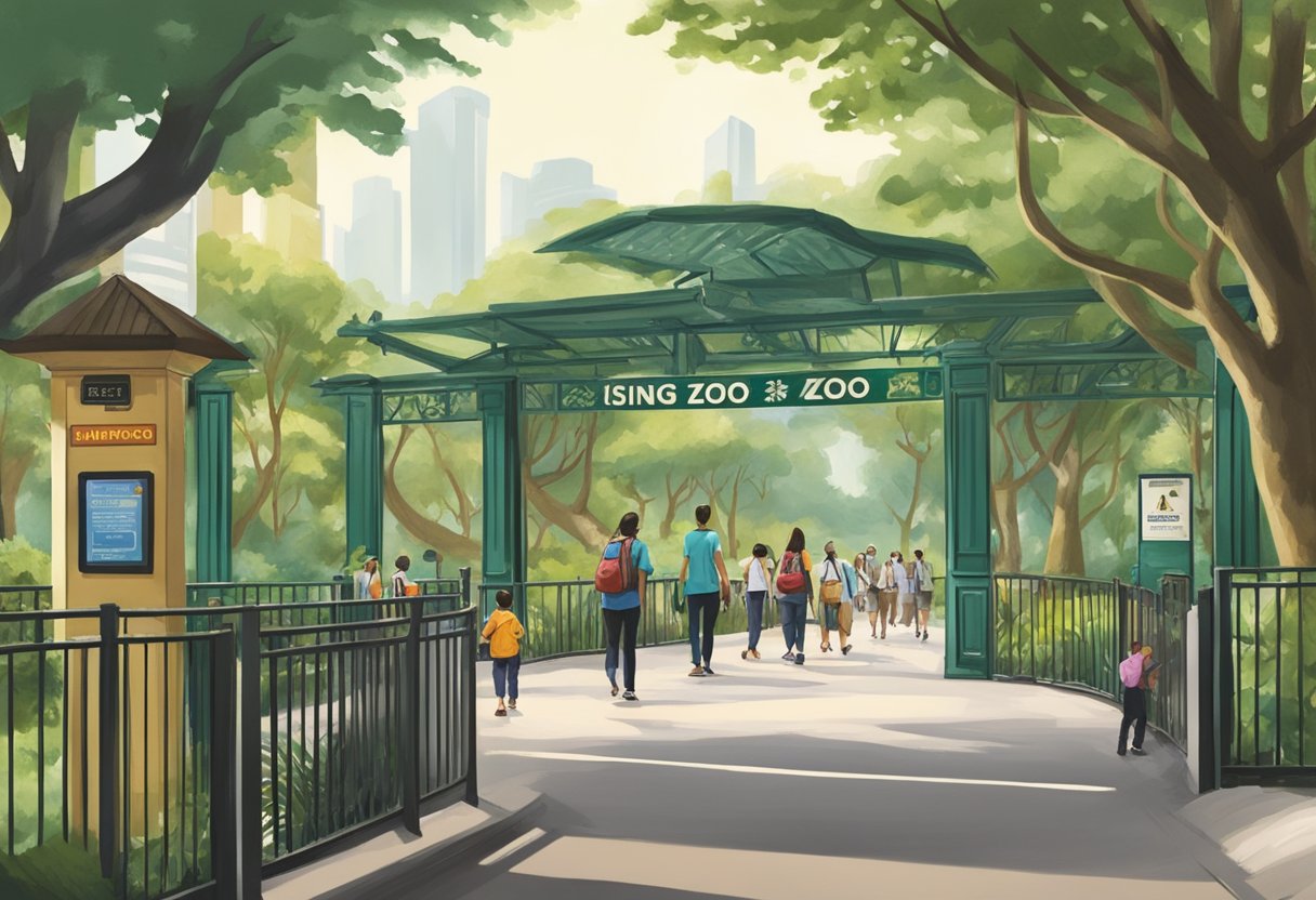 Visitors follow signs, pass through ticket gates, and walk along shaded paths to reach the entrance of Singapore Zoo