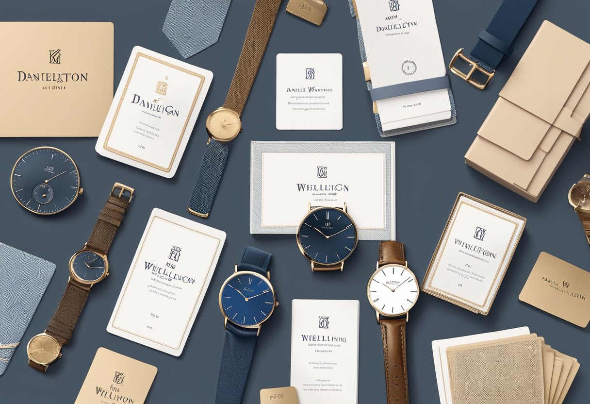 A stack of FAQ cards with the Daniel Wellington logo, surrounded by a variety of stylish wristwatches
