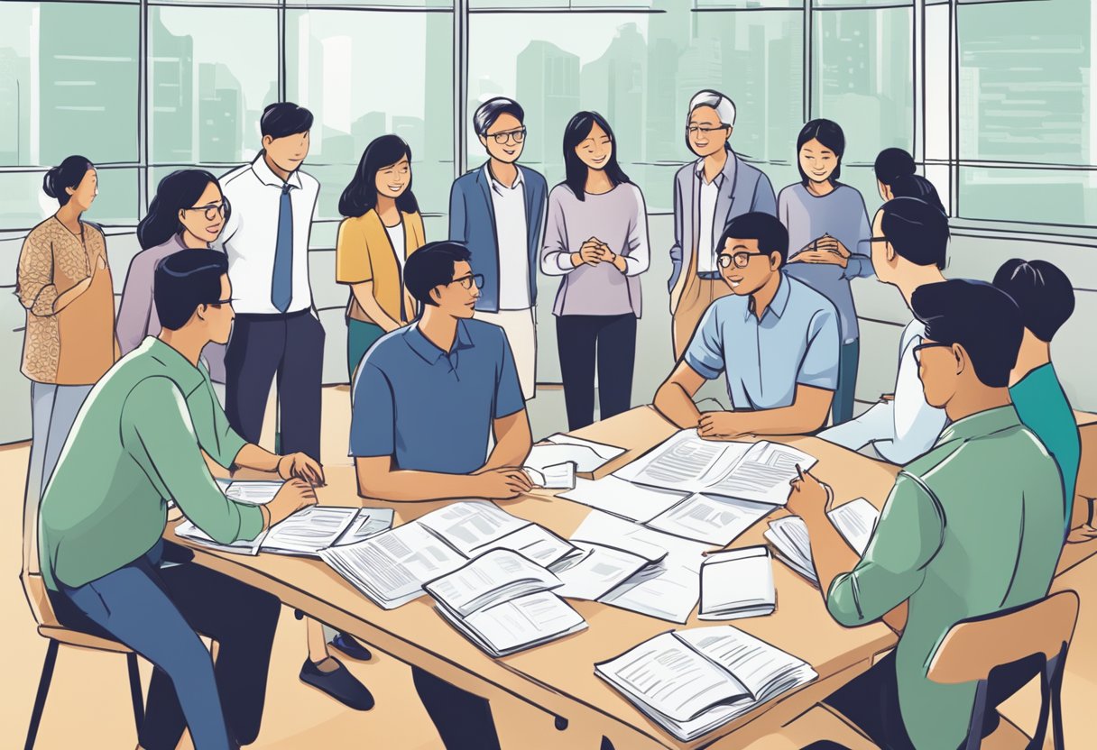 A group of people gathered around a table, discussing and exchanging information about non-profit organizations in Singapore. A banner with "Frequently Asked Questions" is displayed prominently