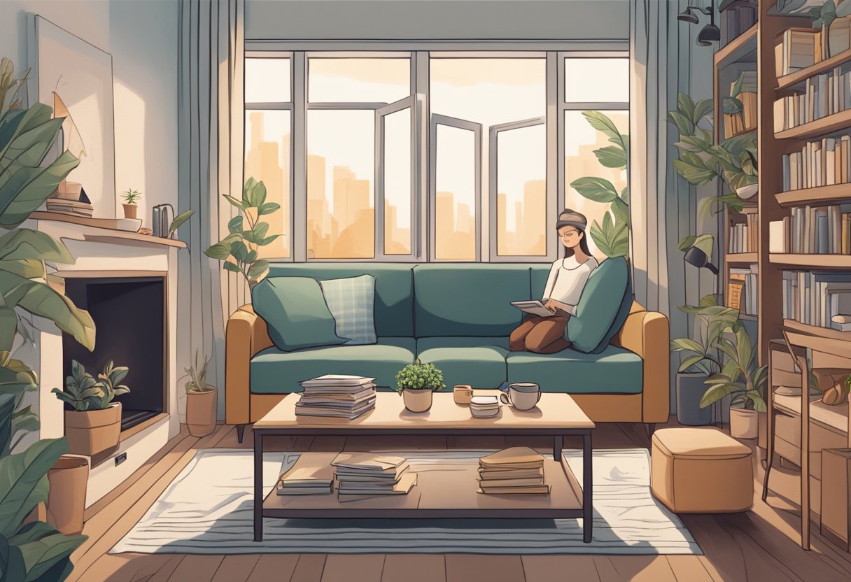 A cozy living room with a person resting on a comfortable sofa, surrounded by books, a laptop, and a cup of tea. A sign on the wall reads "Frequently Asked Questions home recovery singapore."