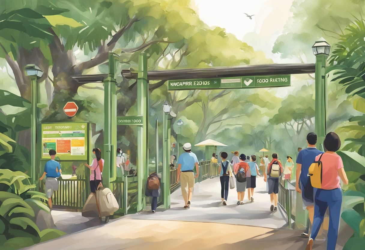 Visitors follow signs, maps, and helpful staff to navigate Singapore Zoo's entrance, ticketing, and transportation options